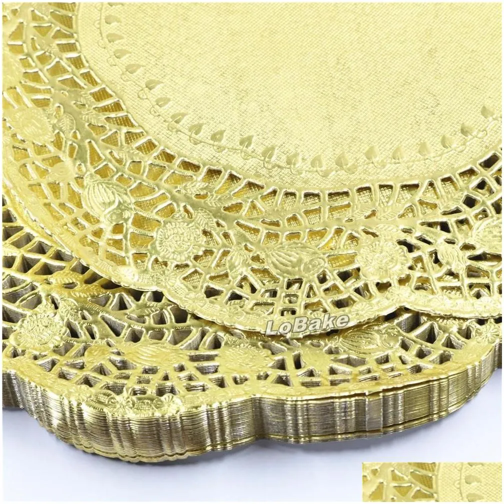 (100 pieces/pack) New arrivals 12 inches gold colored round paper lace doilies cupcake bread placemats home dinner tableware