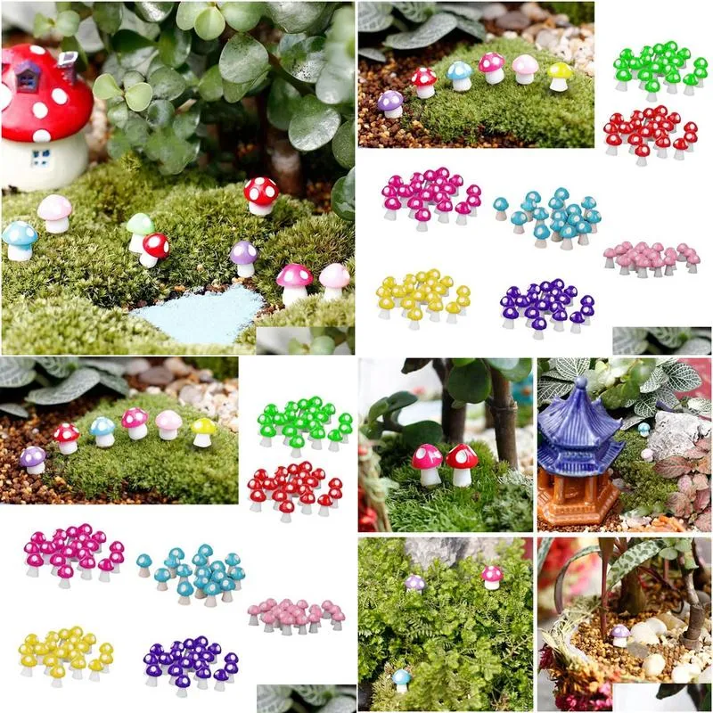 Wholesale- 10pcs Mushrooms Terrarium Figurines Fairy Garden Miniatures Party Garden Mini Mushroom Garden Ornament Resin Crafts