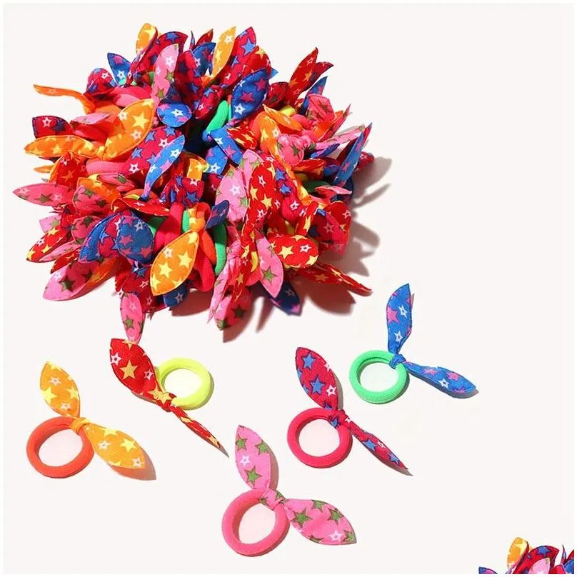 100Pcs/lot Children elastic hair band Cute Polka Bow Rabbit Ears Headband Girl Ring Scrunchie Kids Ponytail Holder Hairs Accessories
