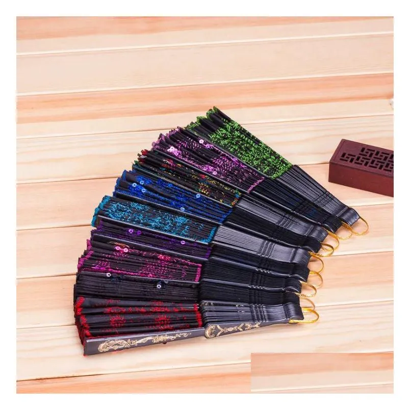 chinese classical dance folding fan party favor elegant colorful embroidered flower peacock pattern sequins female plastic handheld fans gifts