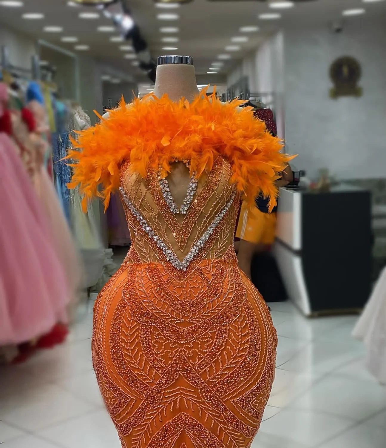 2023 Aso Ebi Arabic Orange Mermaid Prom Dress Feather Crystals Evening Formal Party Second Reception Birthday Engagement Gowns Dresses Robe De Soiree ZJ356