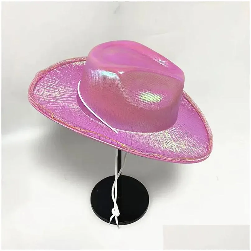 led light up  hats neon cowgirl hat holographic rave fluorescent hats with adjustable windproof cord for halloween costume