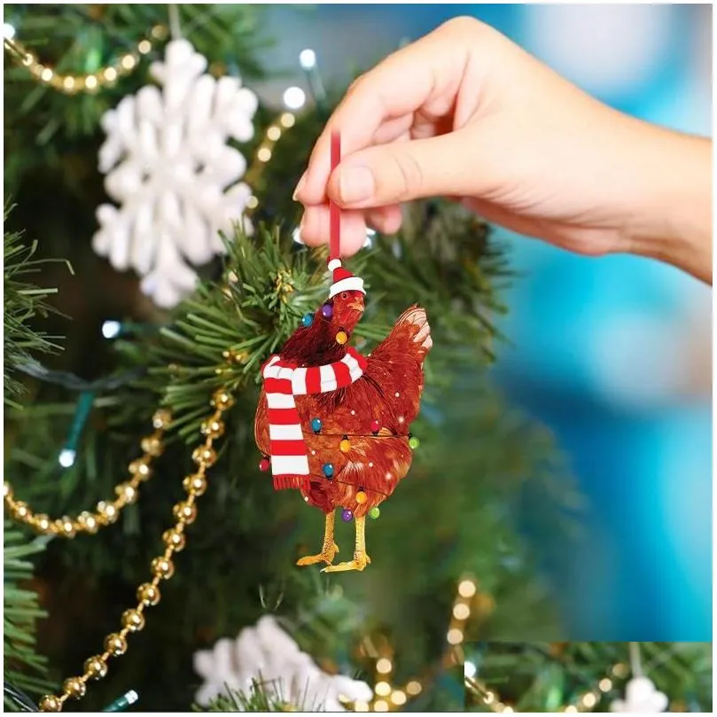 Christmas Decorations Scarf Chicken Holiday Decoration Outdoor Wood Ornaments Hanging Pendant Decor Diy