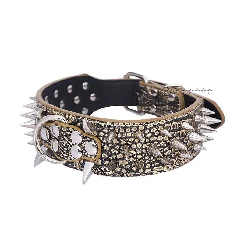 Wholesale-2inch Wide Sharp Spikes Studded Horn Nails Leather Dog Collars For Pitbull Mastiff SIZE ( M L) Free Shipping