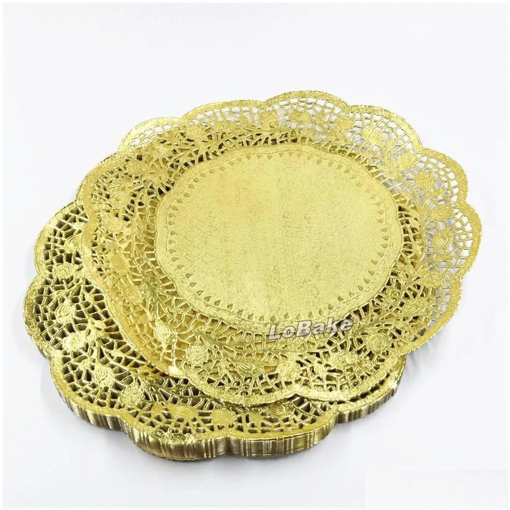 (100 pieces/pack) New arrivals 12 inches gold colored round paper lace doilies cupcake bread placemats home dinner tableware