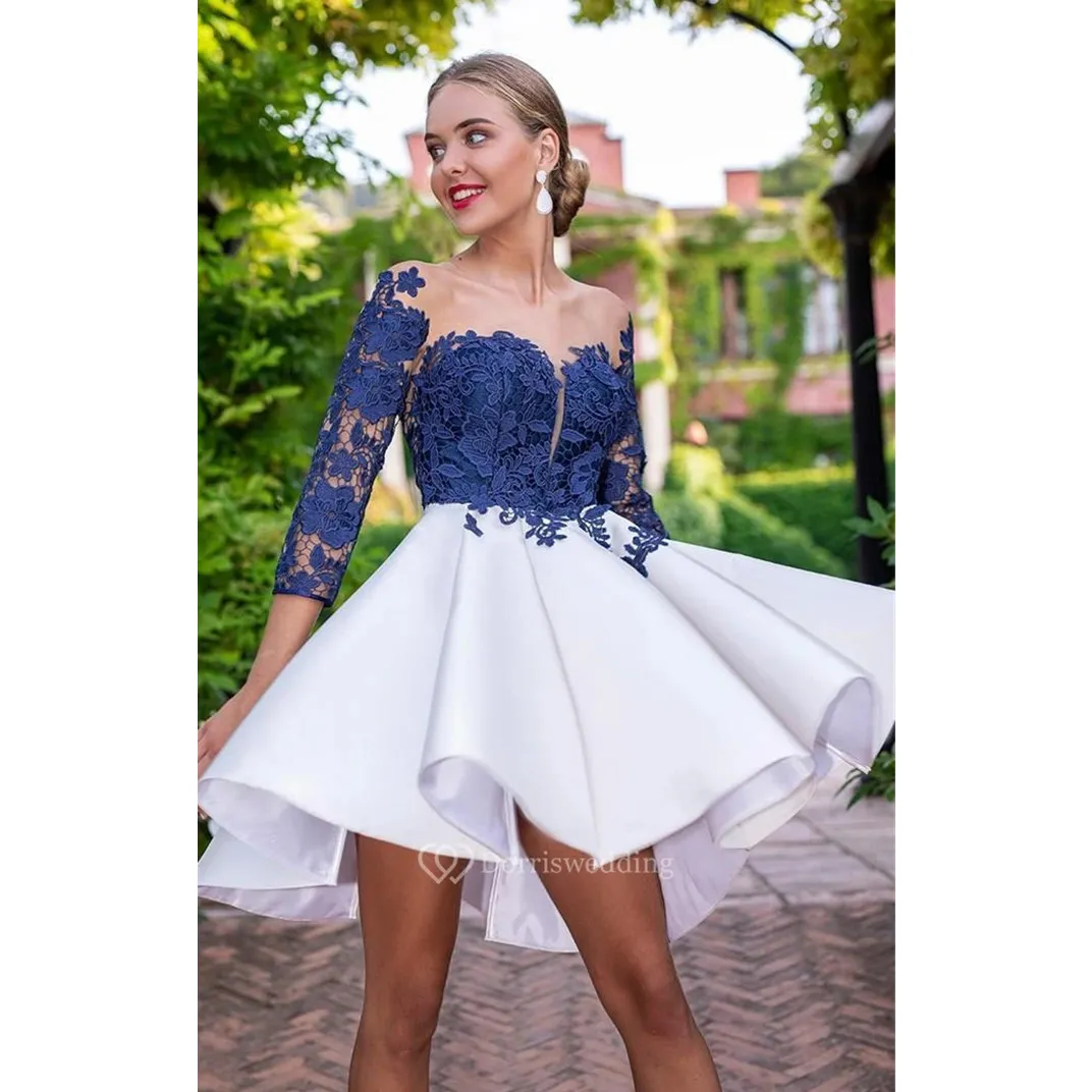 Lace Short Homecoming Dresses 2023 Sheer 3/4 Long Sleeves Satin A Line Appliques Formal Prom Party Dresses With Buttons