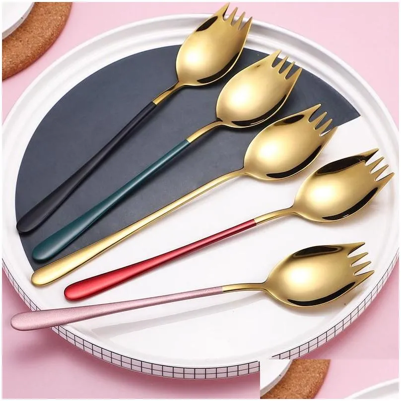Spoons High Quality Colorful Salad Fork Titanium Metal Spaghetti Spoon 304 Stainless Steel Spork