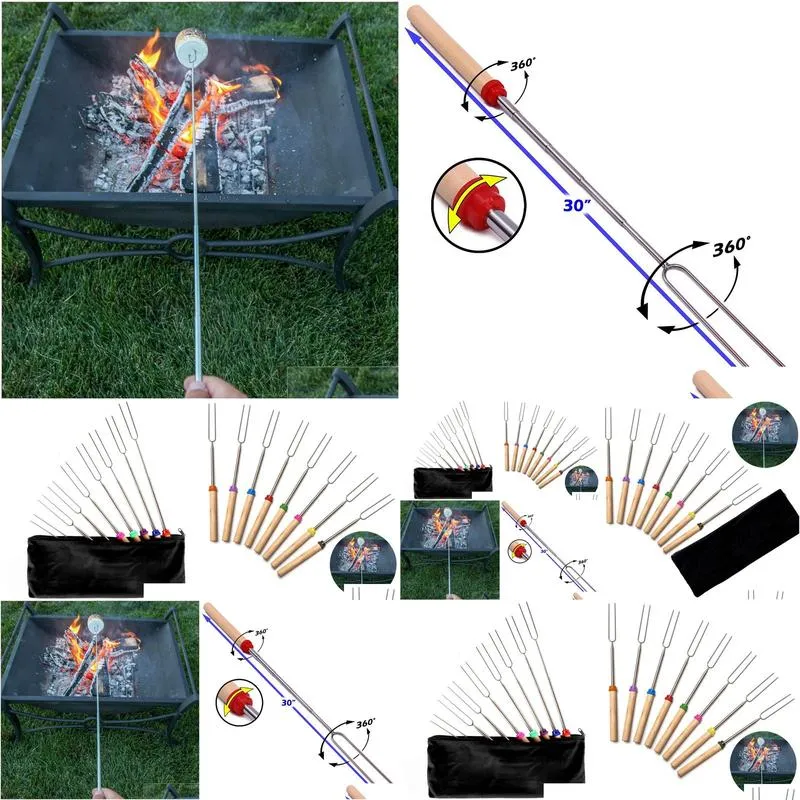 Camping Campfire Marshmallow Hot Dog Telescoping Roasting Fork Sticks Skewers Bbq Forks Stainless Steel random color