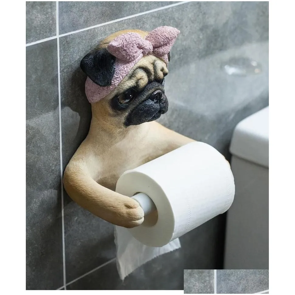 Tissue Boxes & Napkins Lifelike Resin Pug Dog Box Roll Holder Wall Mounted Toilet Paper Canister Home Props