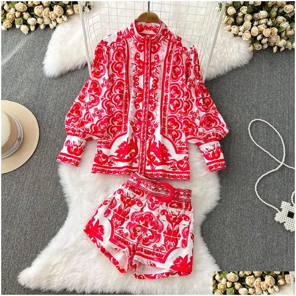 Women Autumn Vintage Two Piece Dress Short Set Runway Floral Print Lantern Sleeve Blouse Shirts and Pockets Belt Shorts Suit 2023