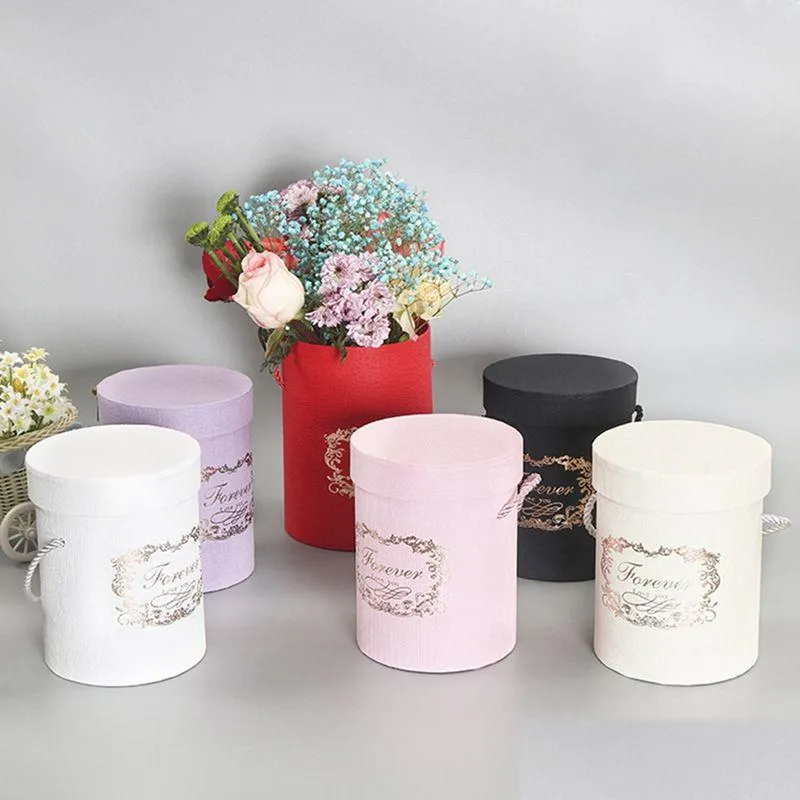 6 colors Round Flower Paper Boxes With Lid and rope Hug Bucket Florist Gift Packaging Box Candy Bar Boxes Party Wedding Supplies