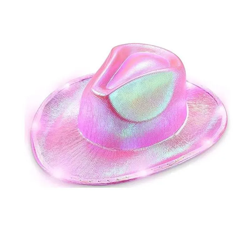 led light up  hats neon cowgirl hat holographic rave fluorescent hats with adjustable windproof cord for halloween costume