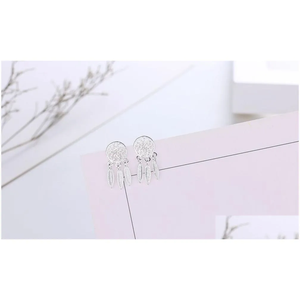 30% 925 sterling silver jewelry sets korean dream catchers feather pendant necklace stud earrings set for women ladies fashion jewelry