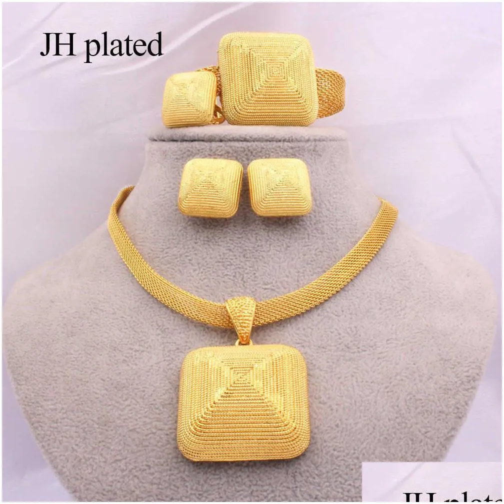 dubai gold 24k jewelry sets for women african bridal wedding gifts party necklace square earrings ring bracelet jewellery set 200923