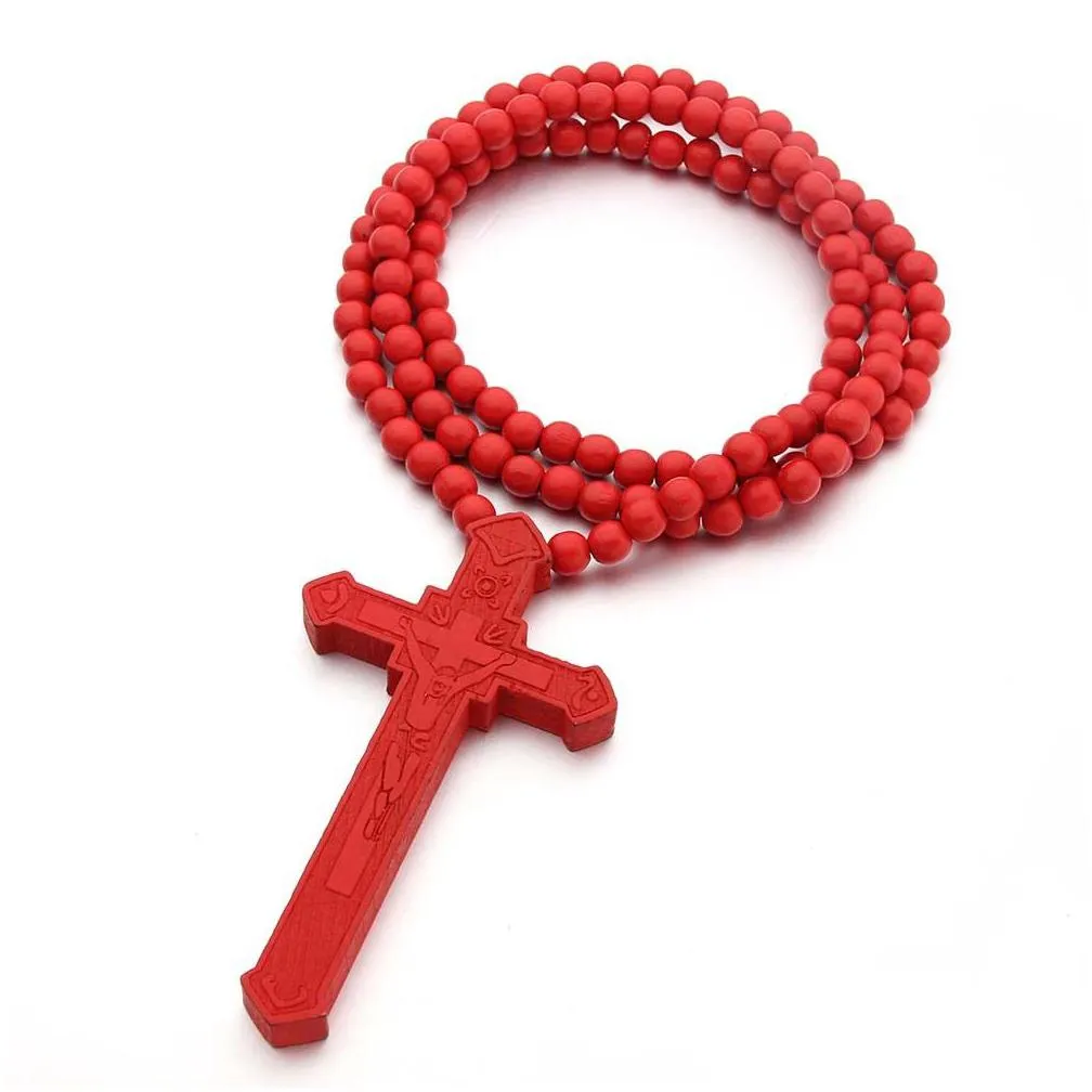 wooden cross pendant necklaces men christian religious wood crucifix charm rosary beads chains for women hip hop jewelry gift