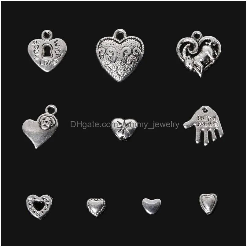 free shipping new 2016 new 155pcs zinc alloy heart pendants charm mixed antique silver plated charms metal jewelry findings for diy