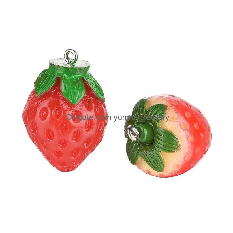 charms 25pcs 5 sizes resin strawberry pendants with platinum tone iron loops imitation food redcharms