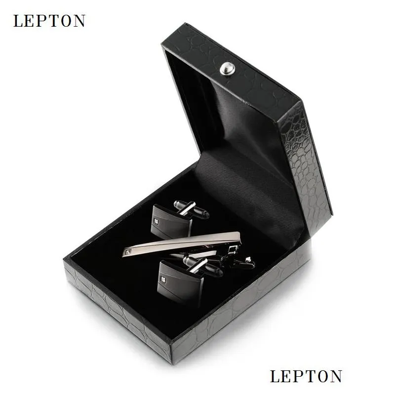 lepton classic business square black brush mens cufflinks tie clips set high quality necktie pin tie bars clip clasp drop ship 201106