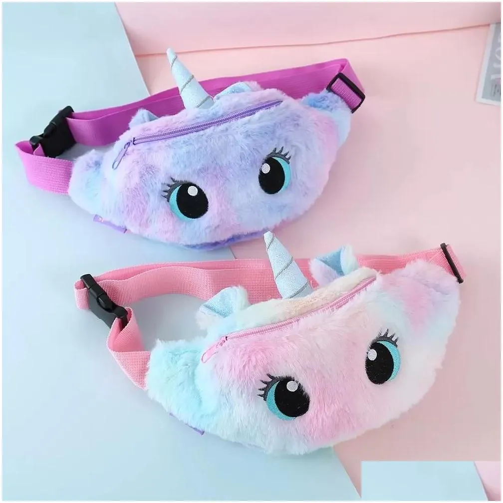 ups cute unicorn childrens fanny pack girls waist bag plush backpacks toys belt gradient color chest-bag cartoon coin purse travel chest