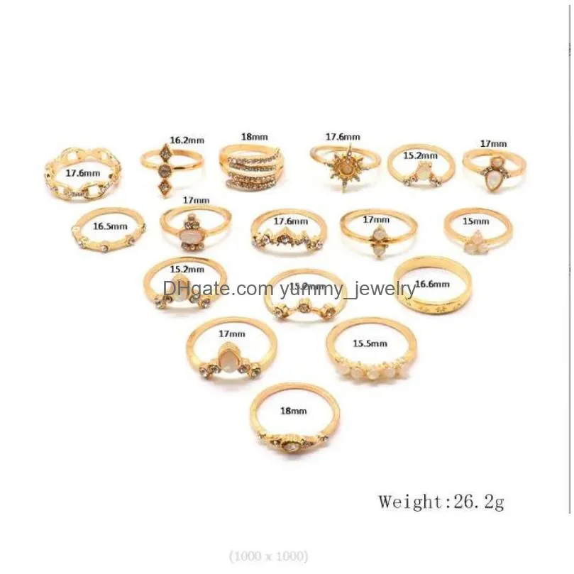 bohemian style17 piece set rings water diamond resin inlaid ring