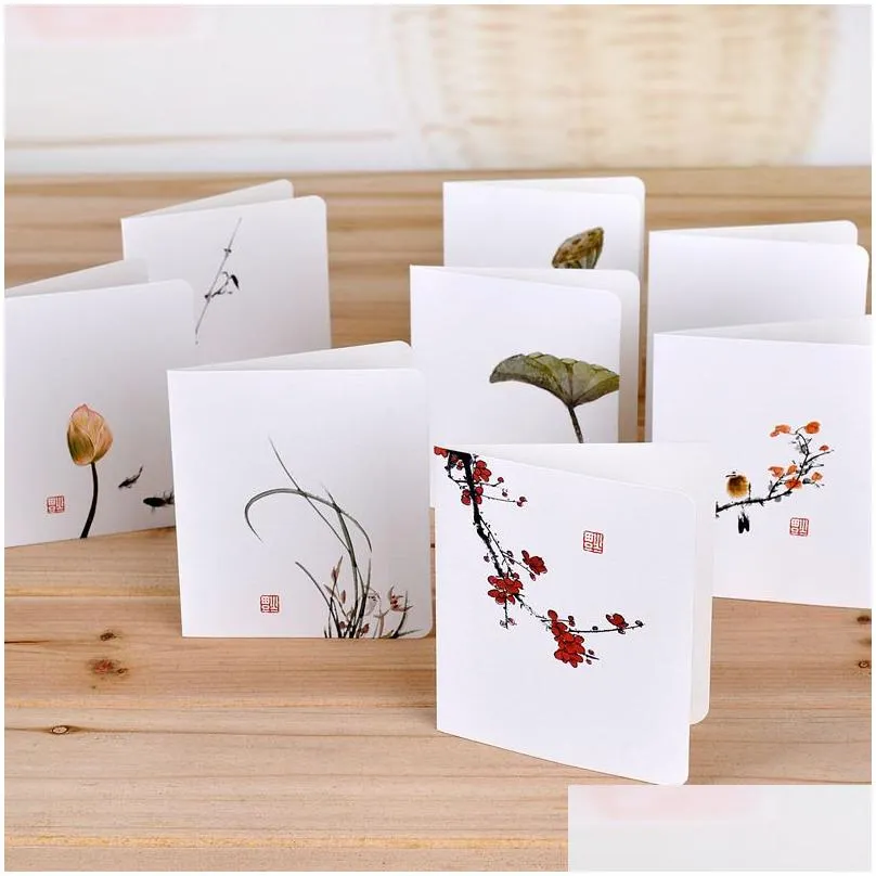 wholesale creative classical chinese small greeting cards white message diy folding birthday christmas years day blessing card 11x9cm