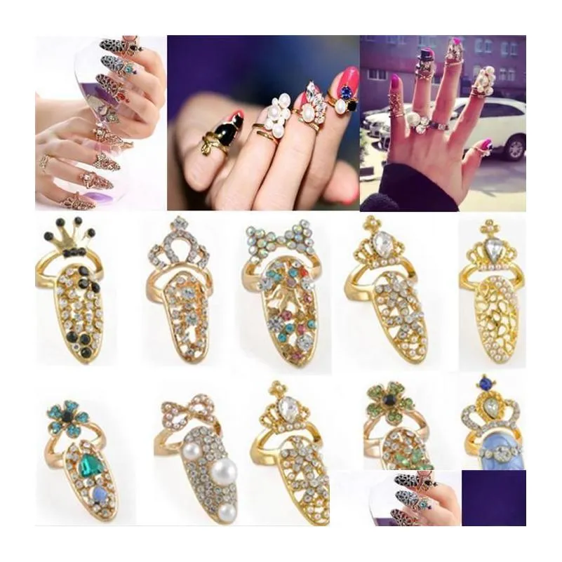 cute rhinestone bowknot finger nail ring for women crown flower crystal personality nail art rings resizable knuckle fashion party
