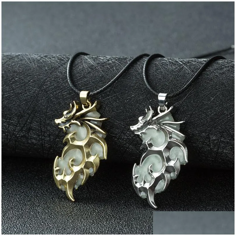 magic glowing flame dragon necklace for men women glow in the dark pendant leather rope chain luminous vintage party jewelry gift