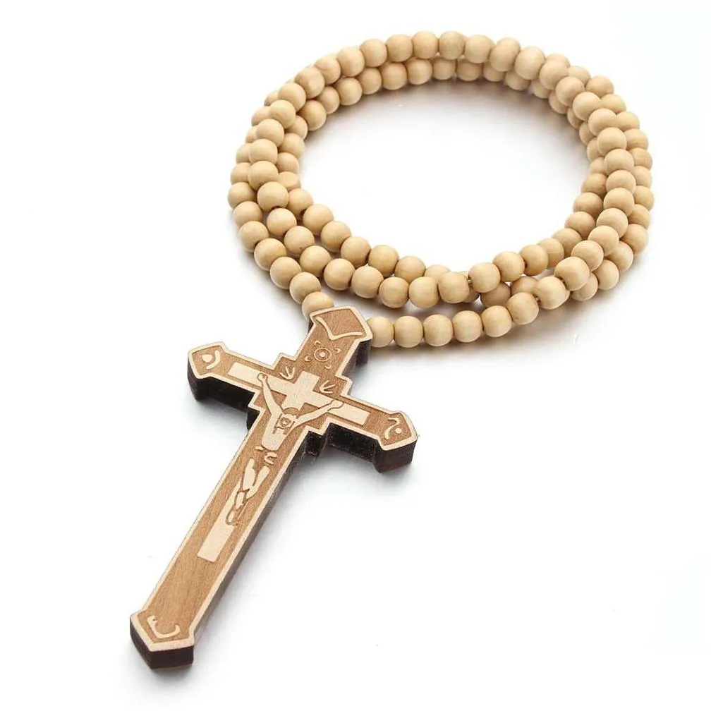 wooden cross pendant necklaces men christian religious wood crucifix charm rosary beads chains for women hip hop jewelry gift