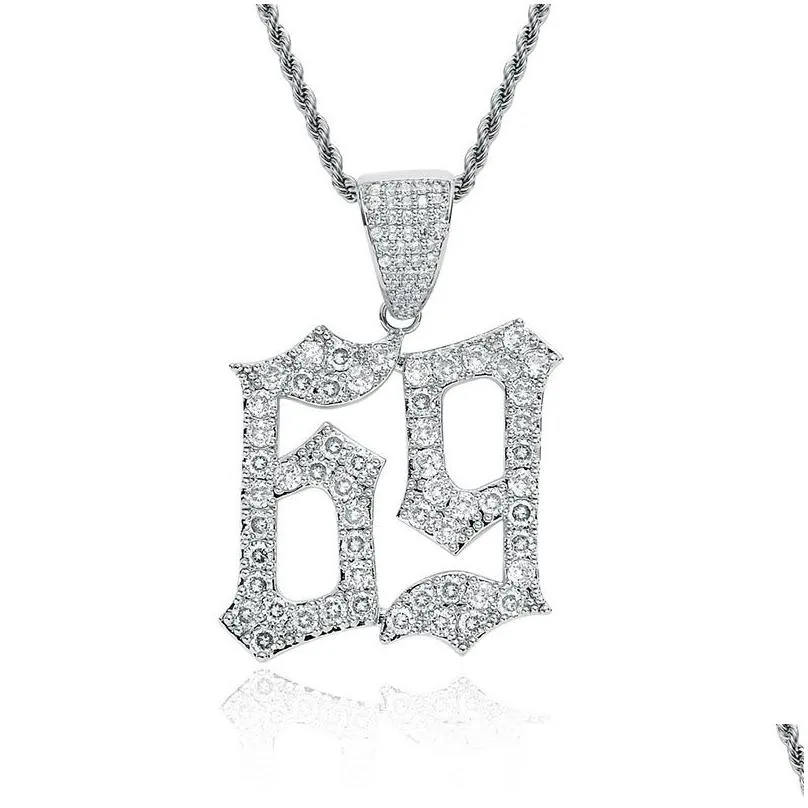 hip hop digital 69 necklace for men women iced out bling cz numeral pendant gold silver twisted chain hiphop rapper jewelry gift