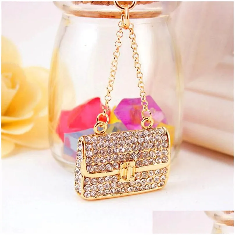 keychains fashion metal small gift creative square lady chain bag shape keychain white rhinestone keyfobkeychains