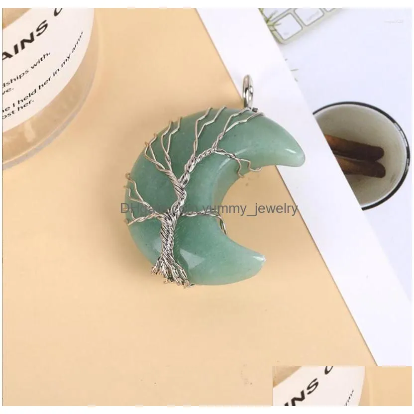 charms 1pc tree of life crescent moon necklace copper wire wrap natural stone pendant crystals and healing stones f1663