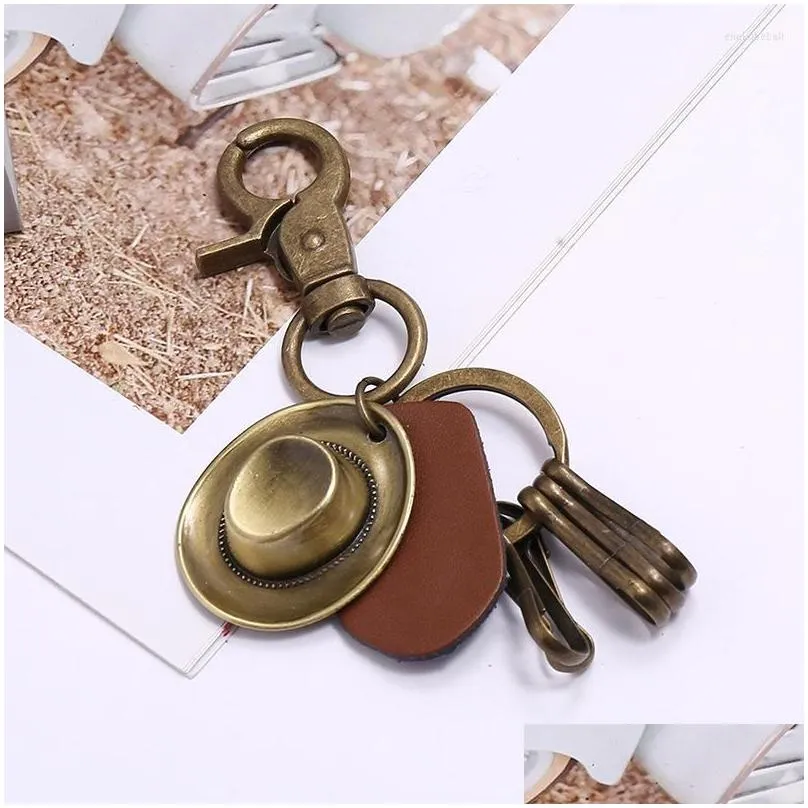 keychains vintage bronze cowboy hat charm multi-hanging ring brown leather pendant keyrings accessories fashion jewelry gifts