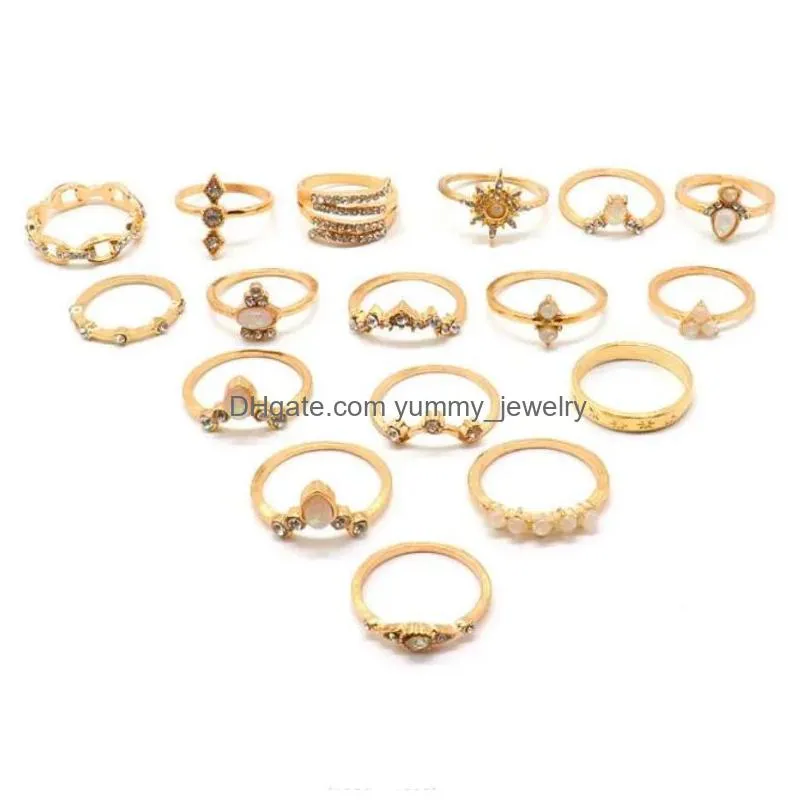 bohemian style17 piece set rings water diamond resin inlaid ring