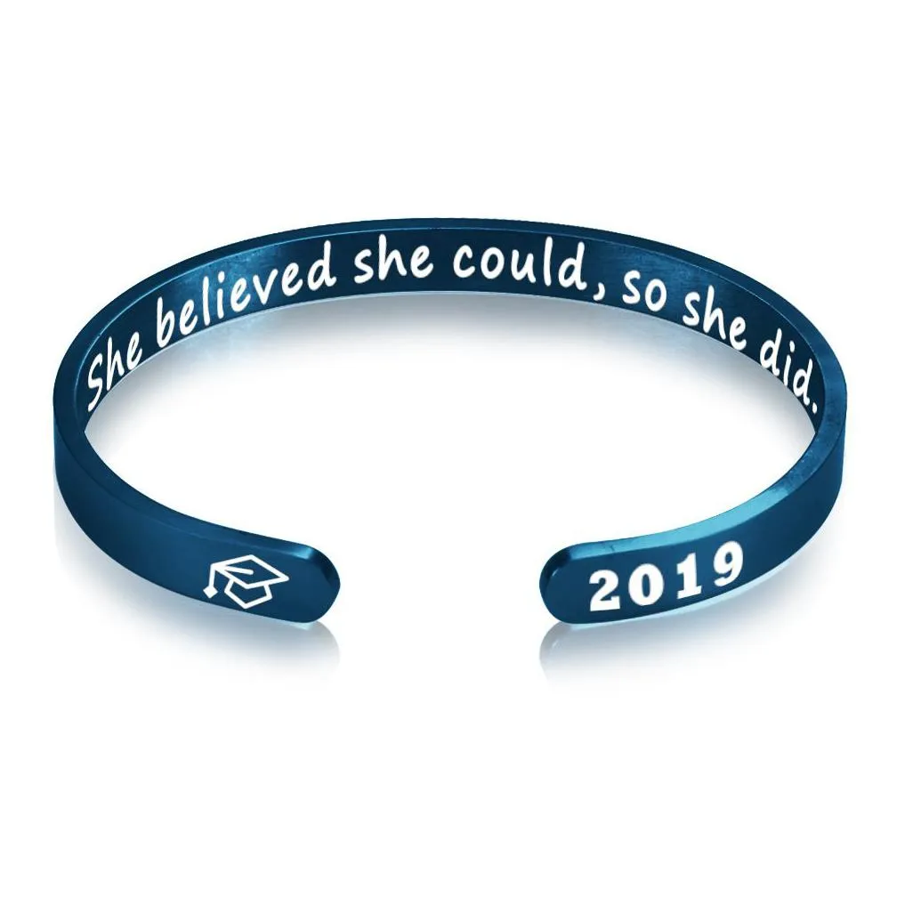 she believed she could so she did cuff bangle for women men stainless steel letter bachelor cap sign open bracelet inspirational