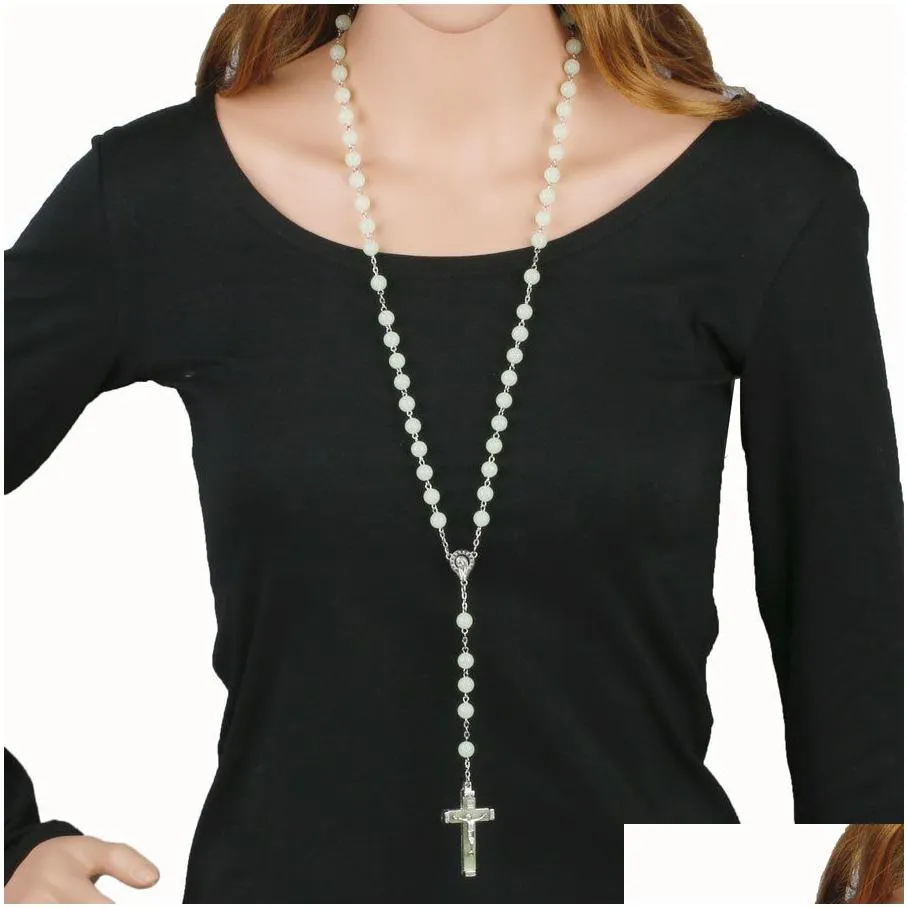 glow in the dark cross rosary necklace for women luminous catholic beads religious jesus crucifix pendant necklace jewelry