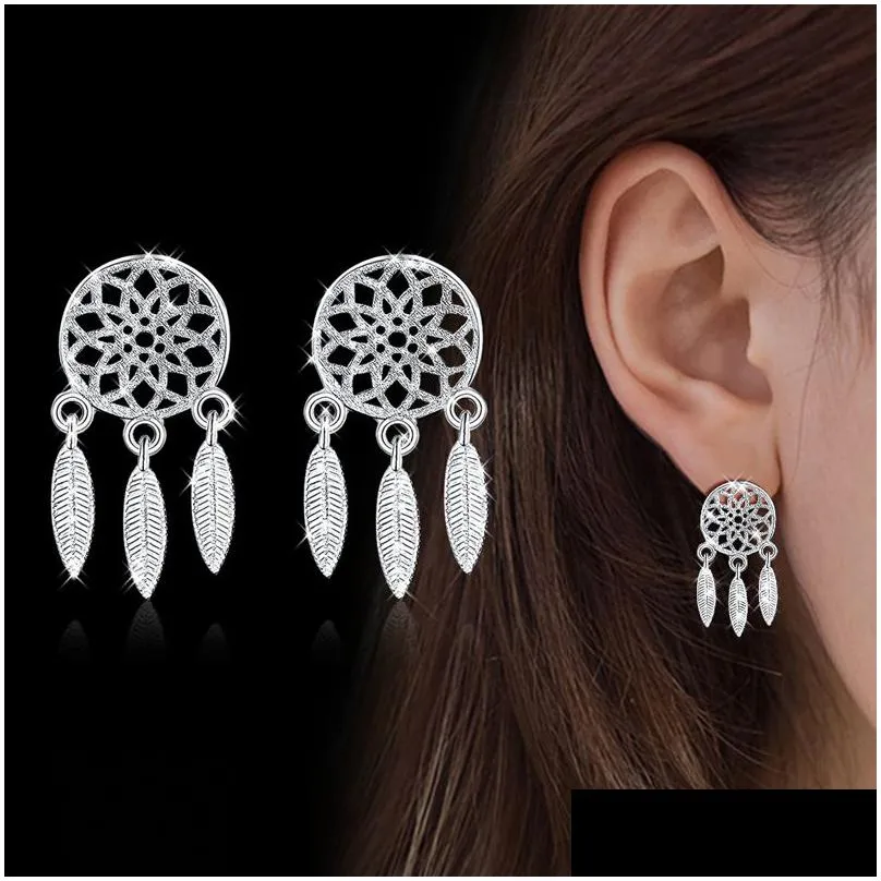 30% 925 sterling silver jewelry sets korean dream catchers feather pendant necklace stud earrings set for women ladies fashion jewelry