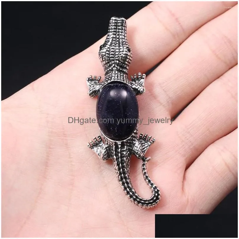 charms 20x67mm natural stone shell metal crocodile shape pendant tiger eye amethysts opal for jewelry making diy necklace brooch