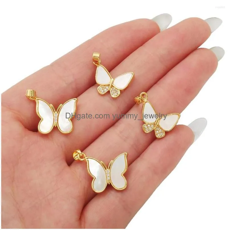 charms 1pc fashion cute gold plated butterfly charm pendant natural shell zircon rhinestone women necklace earring diy jewelry making