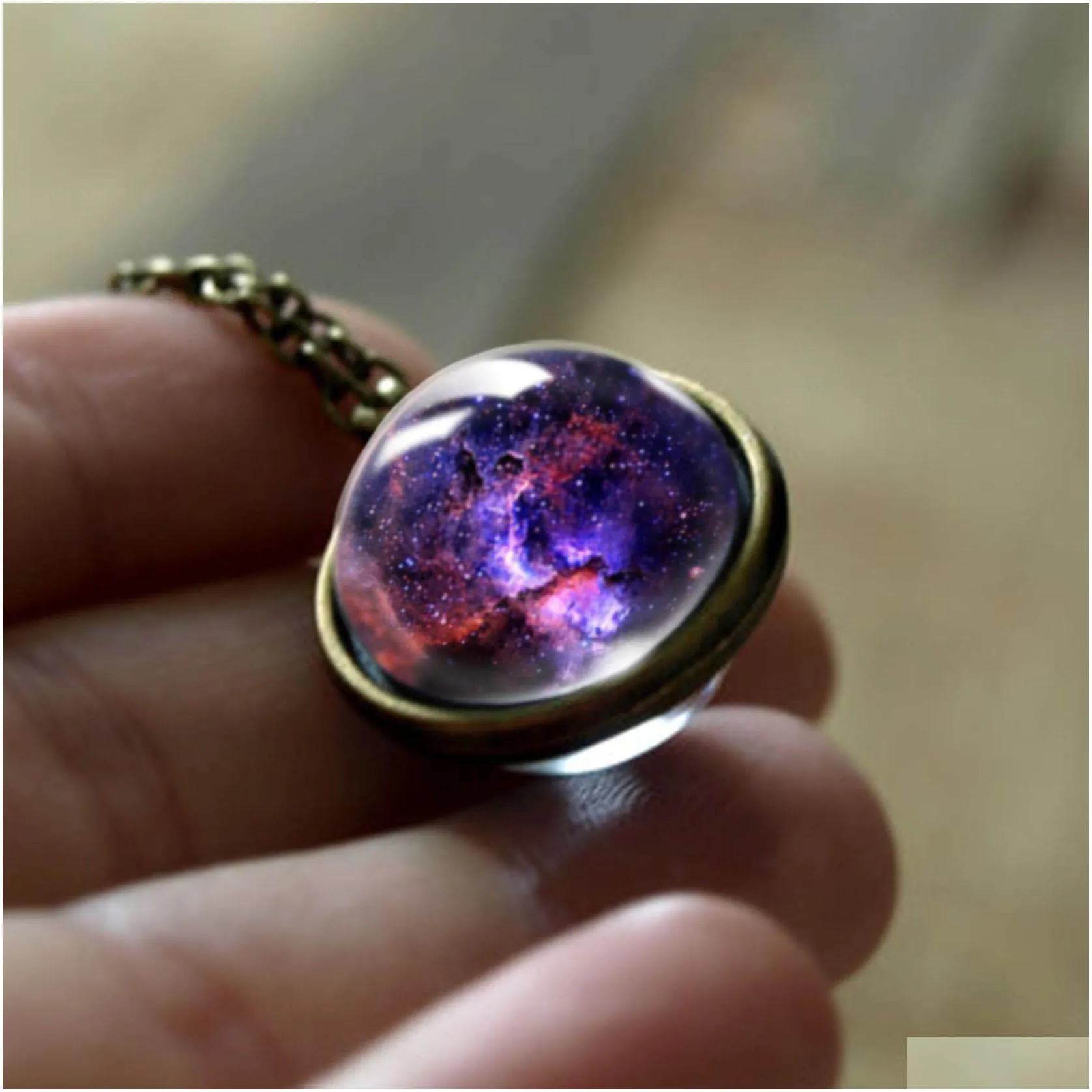 hot sale nebula galaxy necklaces for wome men double sided rotatable galss universe planet art picture pendant chains fashion jewelry