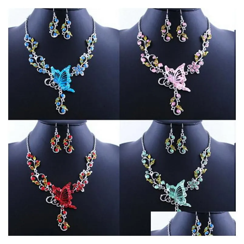 europen and american butterfly statement necklaces drop earrings set for women crystal rhinestone flower bride wedding engagement
