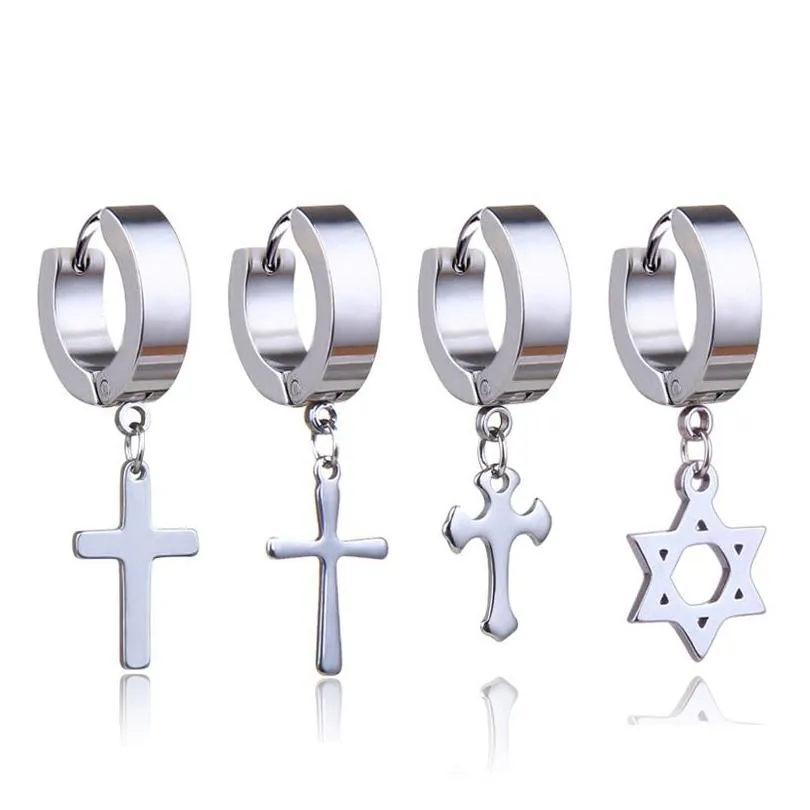 stainless steel cross star dangle fake piercing earrings men hypoallergenic non-piercing clip on hoop earrings for women punk jewelry