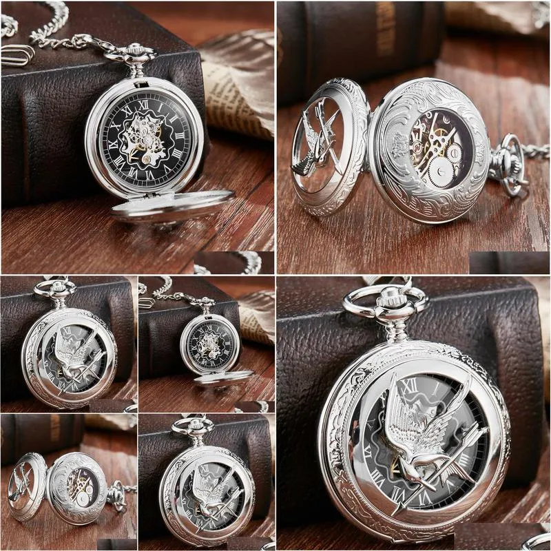 retro vintage hollow the hunger games mockingjay mockingbird quartz pocket watch necklace chain fashion silver relogio de bolso