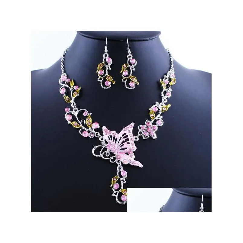 europen and american butterfly statement necklaces drop earrings set for women crystal rhinestone flower bride wedding engagement