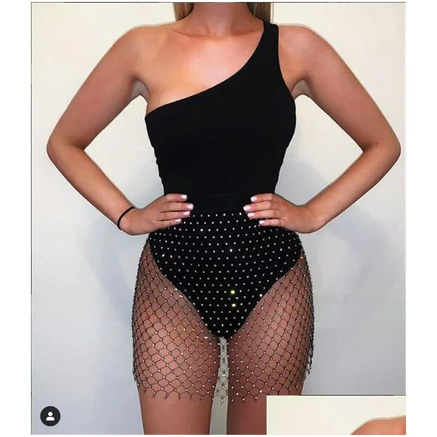 grid mesh hollow out mini skirt for women fishnet skirt sexy beach night club bikini crops cover crystal body chain t200507