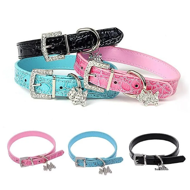 Dog Collars & Leashes Small Bling Crystals Diamonds Crocodile Leather Belt Puppy Collar Rhinestone Inlaid Buckle Chain Adjustable