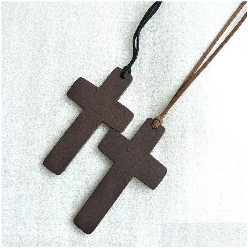 new simple wooden cross necklaces for women wood crucifix pendant with black brown string rope long chains fashion jewelry in bulk