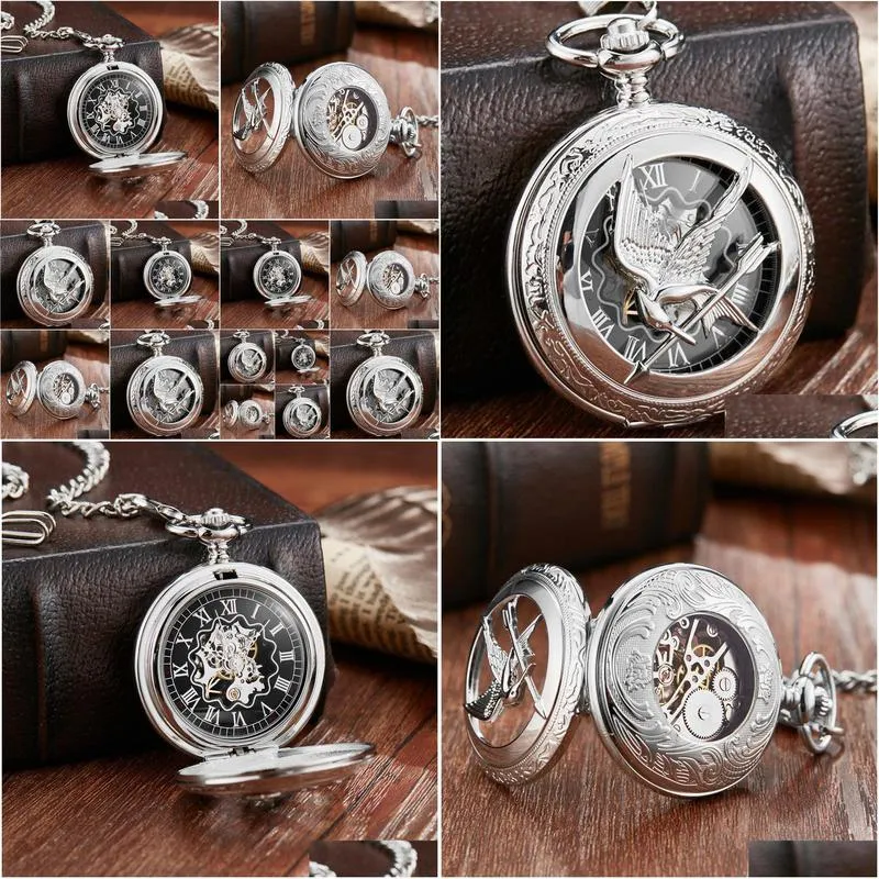 retro vintage hollow the hunger games mockingjay mockingbird quartz pocket watch necklace chain fashion silver relogio de bolso