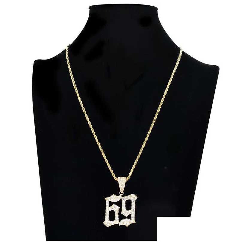 hip hop digital 69 necklace for men women iced out bling cz numeral pendant gold silver twisted chain hiphop rapper jewelry gift