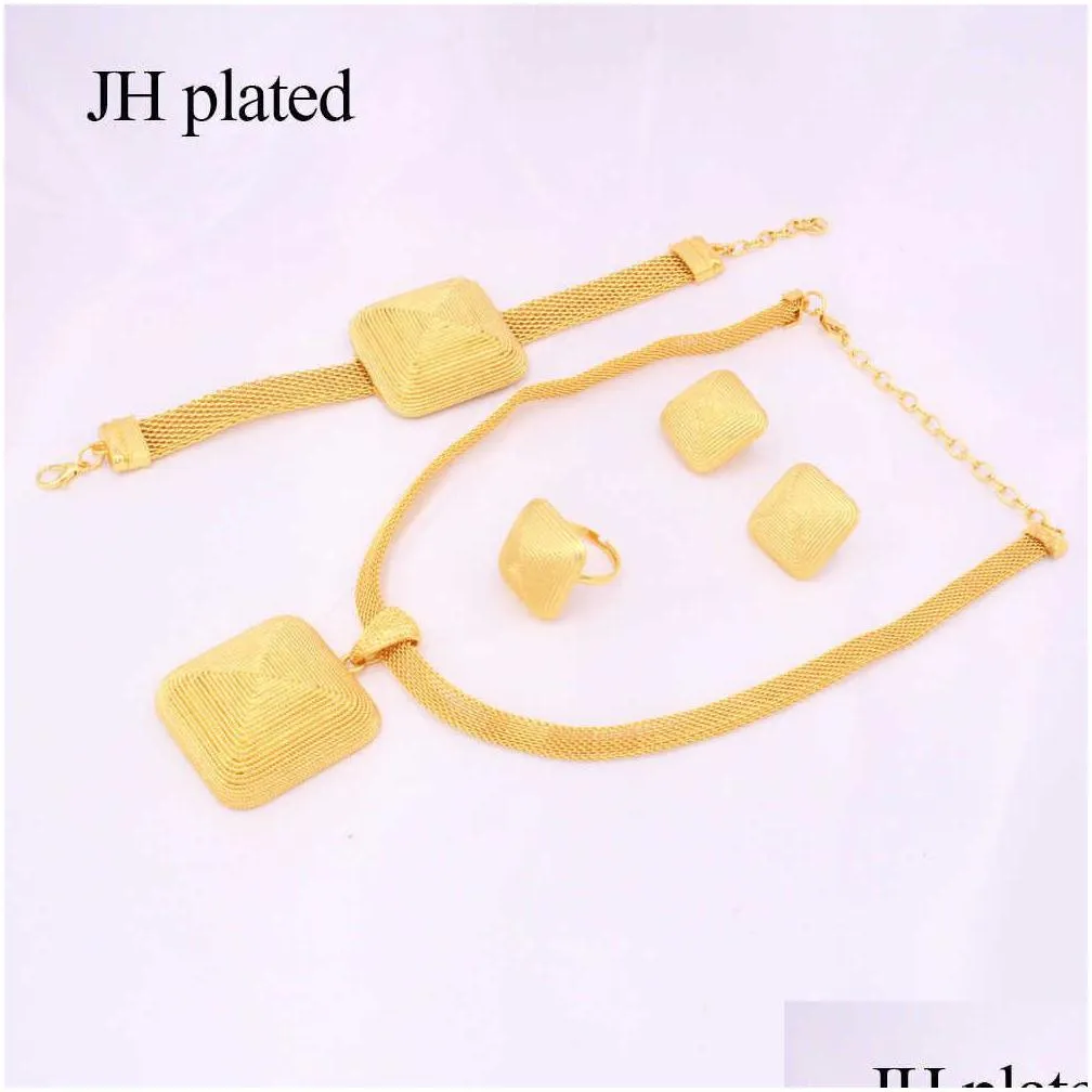 dubai gold 24k jewelry sets for women african bridal wedding gifts party necklace square earrings ring bracelet jewellery set 200923