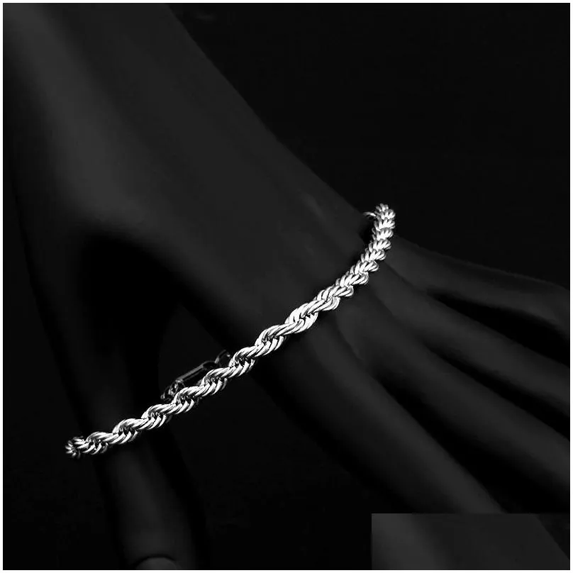 luxury 3mm 4mm 925 sterling silver bracelets 8 inch women twisted rope chain wristband wrap bangle for men s fashion jewelry